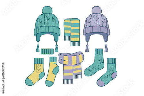 Colorful knitted winter accessories collection featuring warm hats, striped scarves, and cozy socks