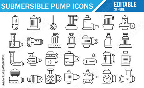 Set of submersible water pump illustrations in linear design