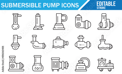 Fluid handling and drainage pump icon set in outline form