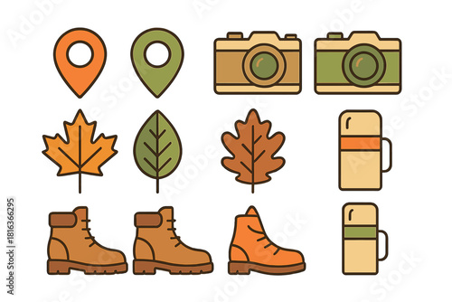 Autumn hiking and travel essentials set including boots, cameras, leaves, and location pins
