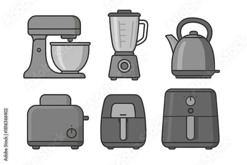 Modern kitchen electric appliances collection: mixer, blender, kettle, toaster, air fryer