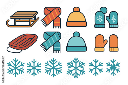 Colorful winter accessories and snow elements including sleds, hats, scarves, and mittens