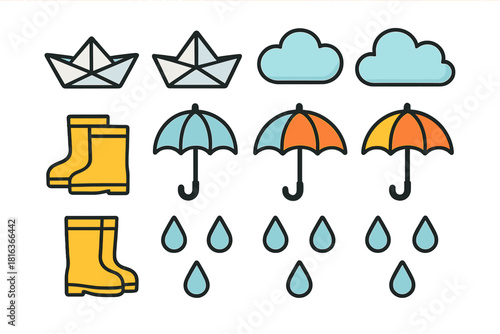 Colorful weather and rainy season icons featuring umbrellas, rubber boots, clouds, and paper boats