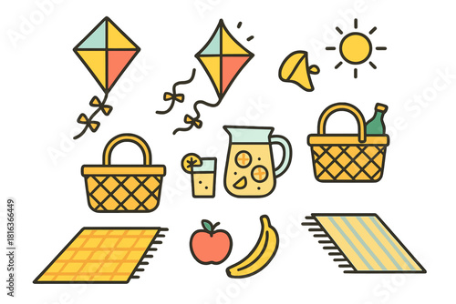 Outdoor summer picnic essentials assortment including food, drink, basket, blanket, and kite