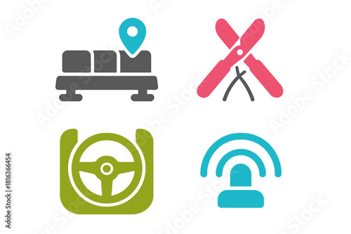 Colorful icons set for location, gardening, driving, and wireless services