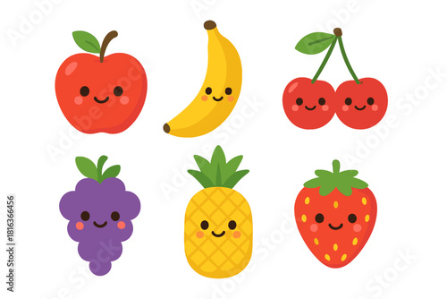 Collection of adorable smiling fruits including apple, banana, cherry, grape, pineapple, and strawberry