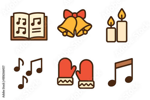 Festive Christmas and winter holiday elements including bells, candles, mittens, and musical notes