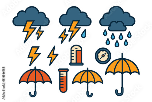 Colorful set of weather icons showing storm clouds, heavy rain, lightning, umbrellas, and temperature gauges