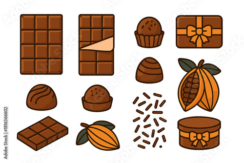 Set of chocolate bars, sweet truffles, cocoa pods, sprinkles, and confectionery gift boxes