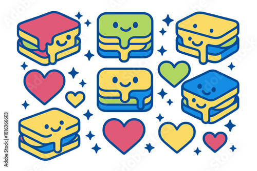 Cute colorful cartoon sandwiches with happy faces and dripping frosting seamless pattern