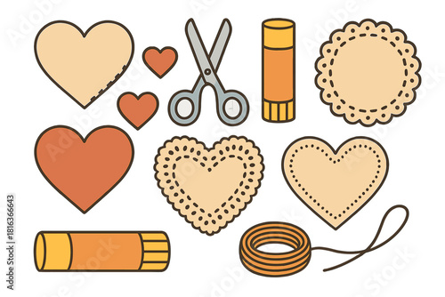 Collection of crafting supplies including paper hearts, sharp scissors, glue sticks, and spool of twine