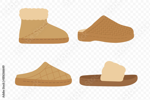 Collection of four cozy indoor footwear designs including fur boots and quilted slippers
