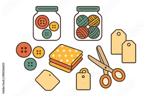 Colorful collection of crafting materials including buttons, yarn, fabric swatches, scissors, and blank tags