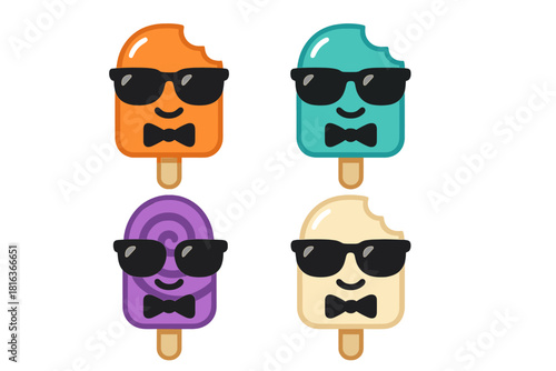 Four colorful frozen popsicles wearing cool sunglasses and stylish bow ties