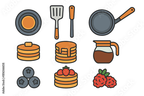 Collection of outlined icons showing breakfast food items and cooking utensils like pancakes, berries, and a frying pan