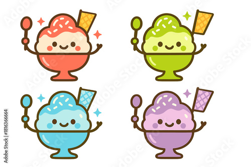 Four cute smiling ice cream sundaes holding spoons and wafers in different flavors