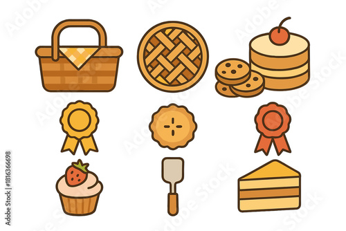 Delicious baked desserts and picnic items: basket, pie, cake slice, cookies, and prize ribbons