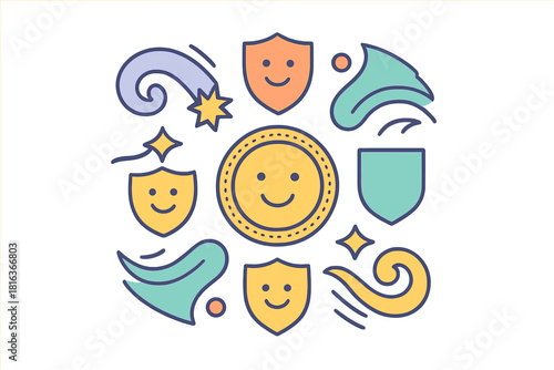 Colorful abstract security symbols featuring smiling shields and decorative swirls