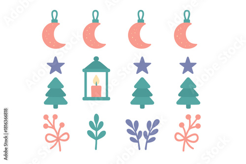Cute pastel Christmas and winter holiday decorative elements set including moons stars trees and lantern