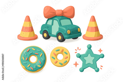 Colorful collection of cute objects: toy car with bow, traffic cones, sweet donuts, and sheriff star badge