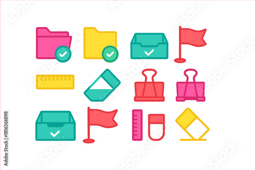 Brightly colored essential office and school supply icons set with folders flags and clips