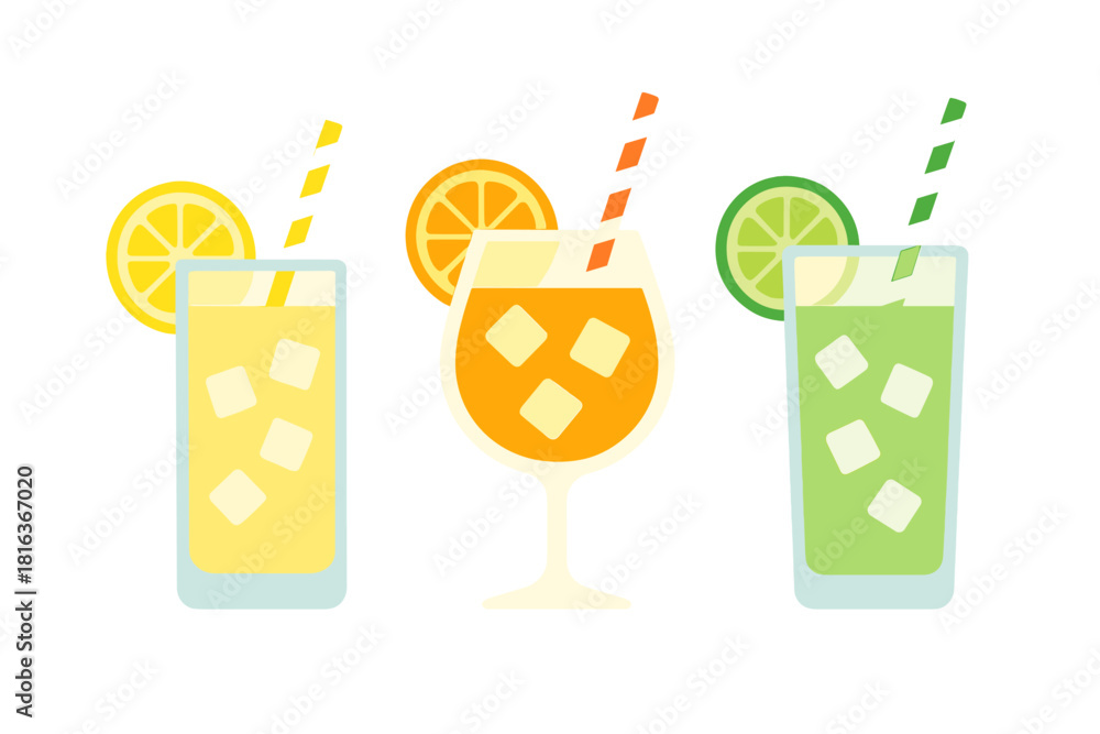 Fototapeta premium Refreshing summer cocktails set with lemon, orange, and lime garnishes in various glasses