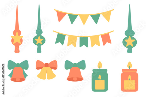 Collection of colorful holiday decorations including tree toppers, festive bells, burning candles, and party banners