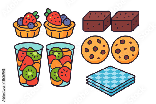 Set of sweet desserts and snacks including strawberry tarts chocolate brownies and fruit cups