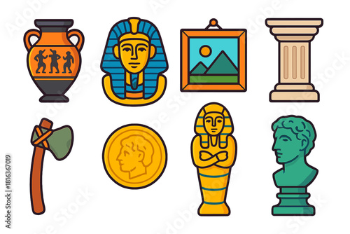 Collection of ancient history and archaeology museum artifacts including Egyptian, Greek, and Roman items