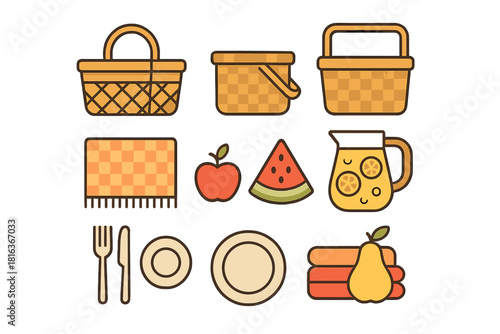 Set of essential picnic elements: baskets, fresh fruit, beverages, and tableware