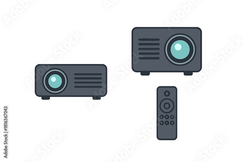 Two modern video projectors and wireless remote control for presentations and home theater