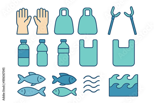 Plastic bottles, shopping bags, protective gloves, trash grabbers, fish, and ocean waves