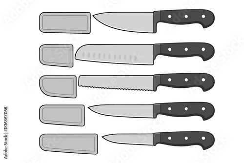 Collection of various kitchen knives including chef utility and serrated blades with protective sheaths