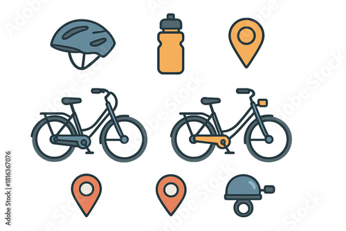 Essential bicycle equipment and navigation icons featuring helmet, water bottle, and location markers