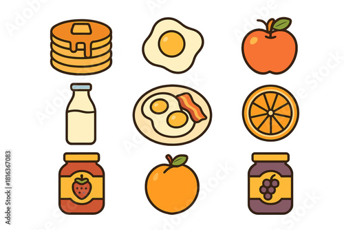 Colorful breakfast food icons: pancakes, fried eggs, bacon, fresh fruit, milk, and preserves
