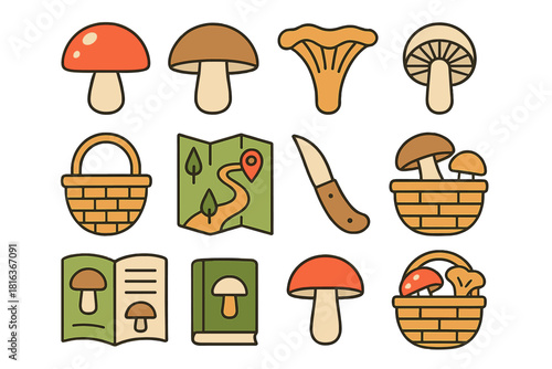 Colorful icons for mushroom foraging, hunting, identification tools, and fungi varieties