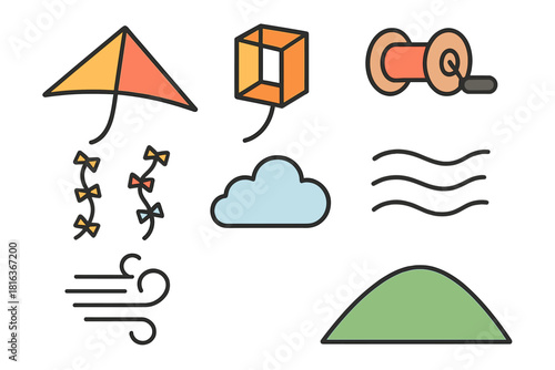 Collection of kite flying equipment, wind, cloud, and grassy mound symbols