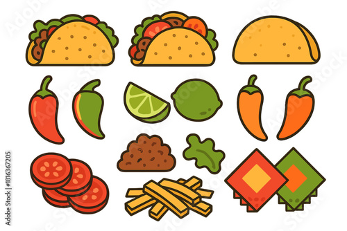 Tacos, chili peppers, lime, tomatoes, and fresh vegetables representing Mexican cuisine