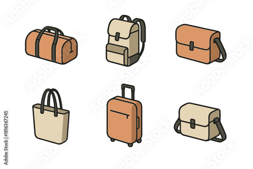 Collection of travel luggage and carrying bags including backpack, rolling suitcase, duffel bag, and tote bag in isometric view