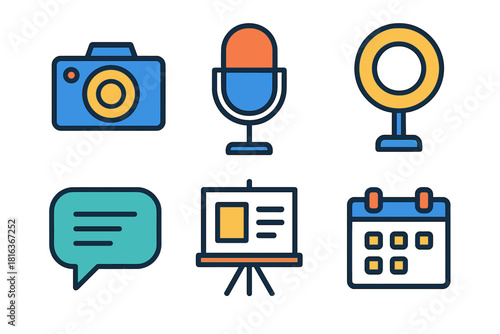 Digital content creation icons set featuring camera, microphone, ring light, chat, presentation, and calendar symbols