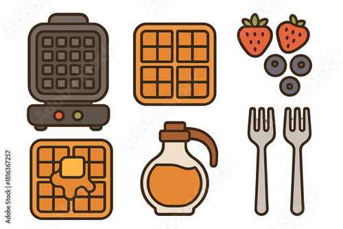 Waffle iron, golden waffles, maple syrup, fresh strawberries, and blueberries breakfast set