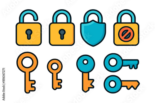 Colorful padlocks and keys collection symbolizing security and access control