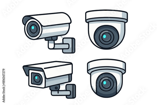 Set of four different types of modern security cameras for monitoring and protection systems