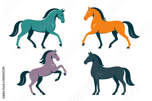 Four colorful stylized horses standing, trotting, and rearing on a white background, displaying various equine poses