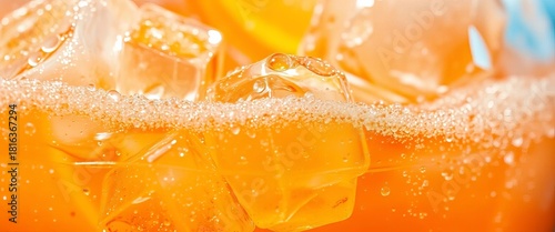 Close-up of fizzy orange soda, ice cubes, condensation,  fizzy drink,  citrus