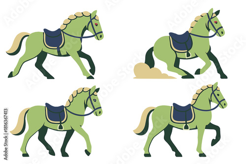 Set of four stylized green horses in various dynamic poses with saddles and bridles