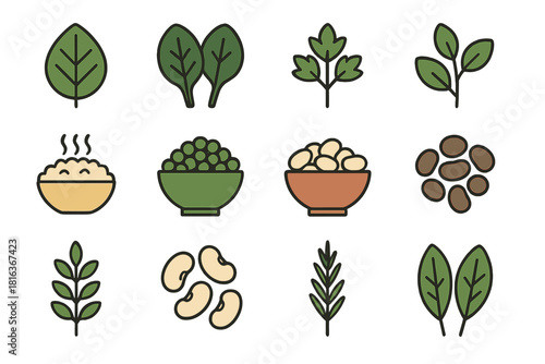 Healthy organic food icons set including vegetables, grains, and rice bowls