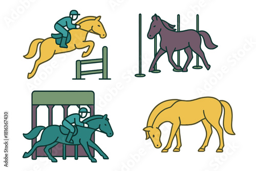 Dynamic collection of horses jumping, walking, and grazing with riders