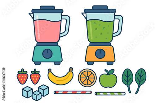 Colorful blenders filled with fruit and green smoothies alongside fresh ingredients and ice cubes