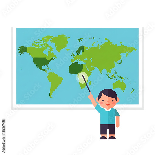 Boy Explaining Geography with World Map Teaching Concept